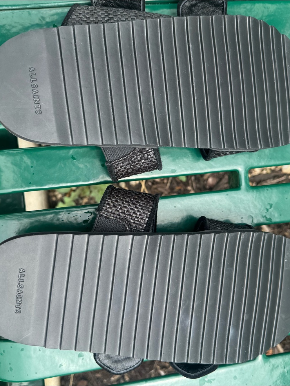 NWOT AllSaints Sian Black Woven Double Buckle Slide Sandals with Gold Hardware - Picture 3 of 3